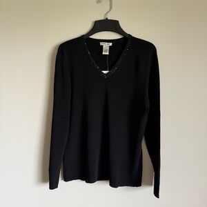 NWT Laura Ashley Black 3/4 Sleeve Beaded Neckline Trim Knit Top Blouse M